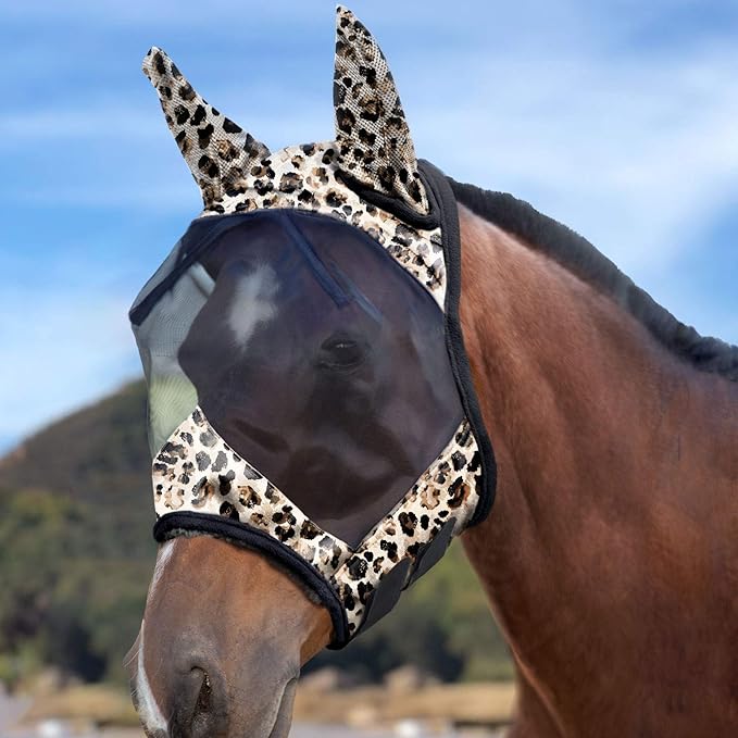 Harrison Howard LumiVista Horse Fly Mask Standard with Ears UV Protection for Horse Leopard Print XL Extra Full