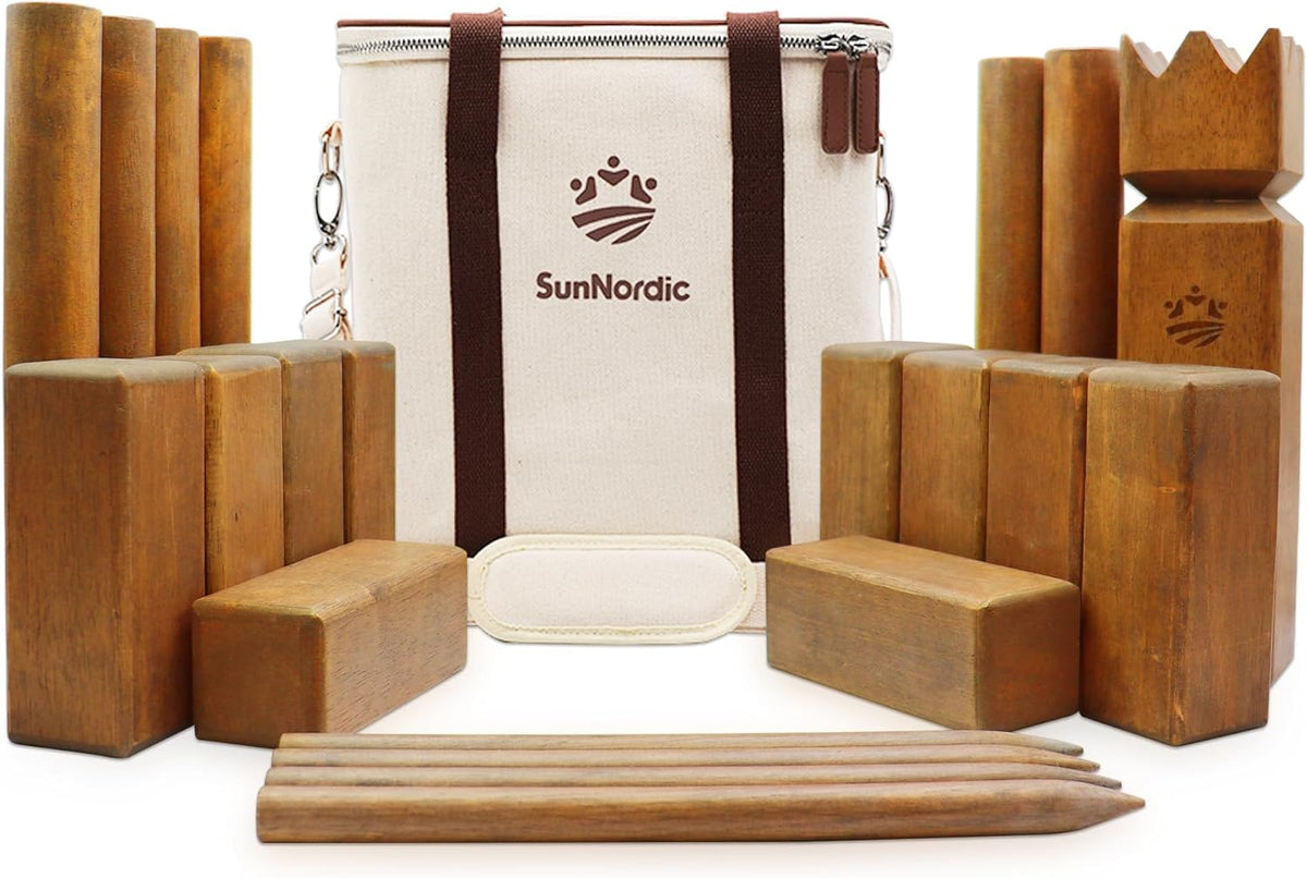 SunNordic rubber wood Kubb yard game set with king, blocks, batons and canvas carry bag - view 2