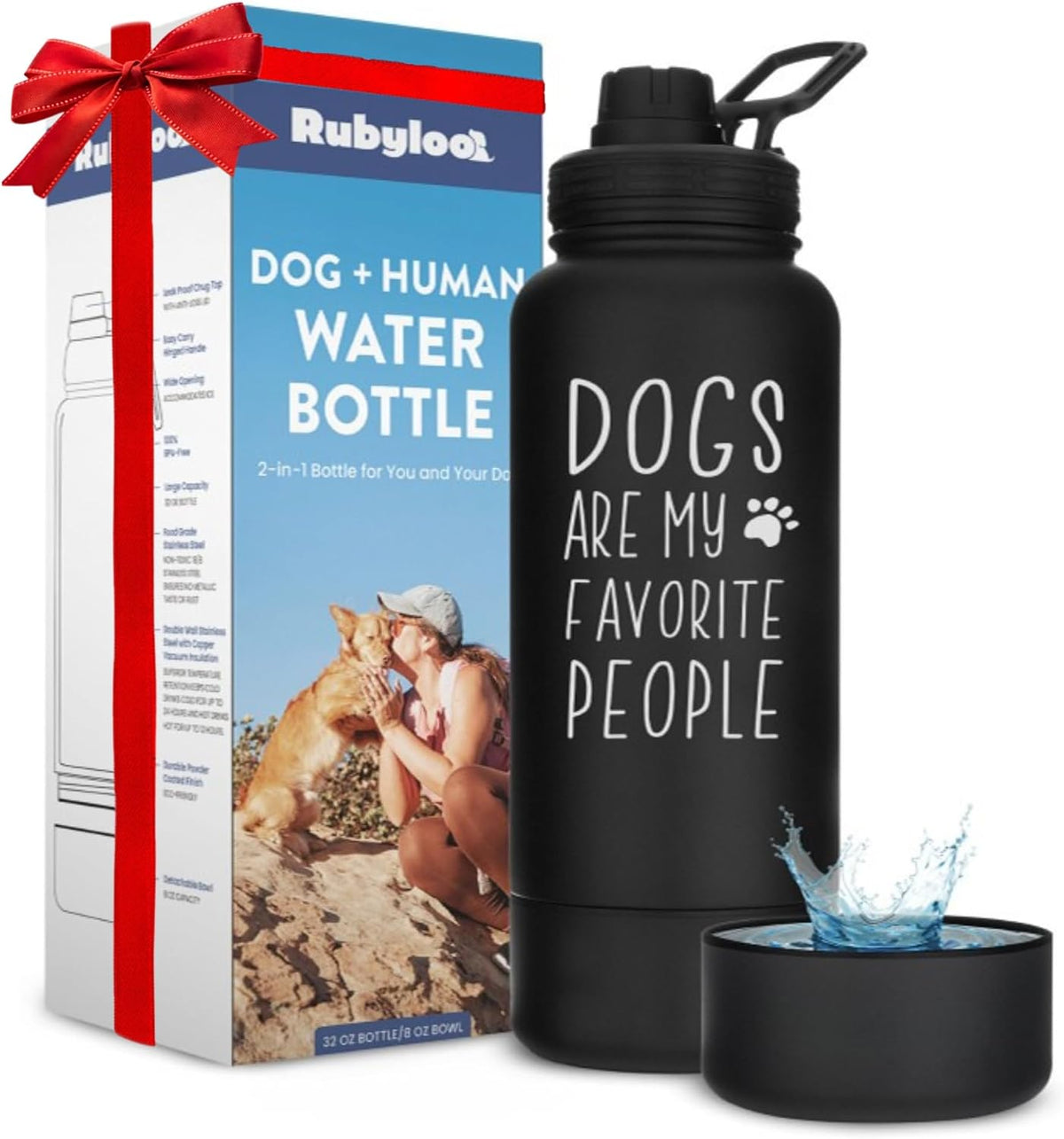 Rubyloo Dog Mom Water Bottle with Detachable Bowl for Dog Lovers – Essentials for Dogs - Dogs Favorite People: Black