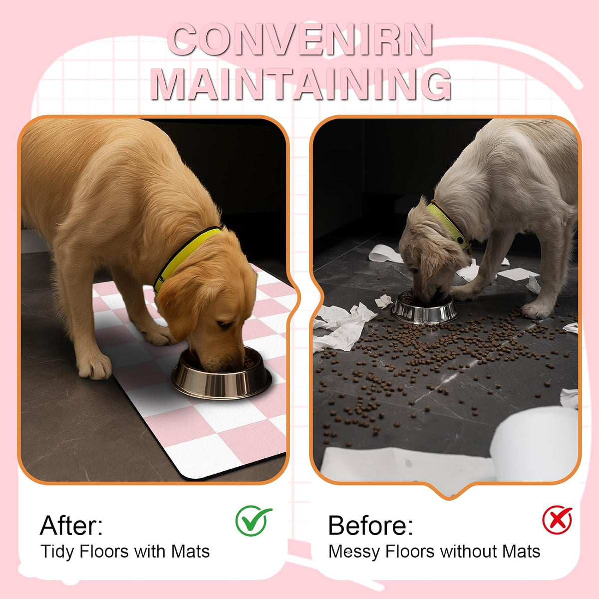 Cat Food Mat, 12"x 20" Cat Dog Mats for Food and Water Bowl - 16"L x 24"W / Pink & White - image 4