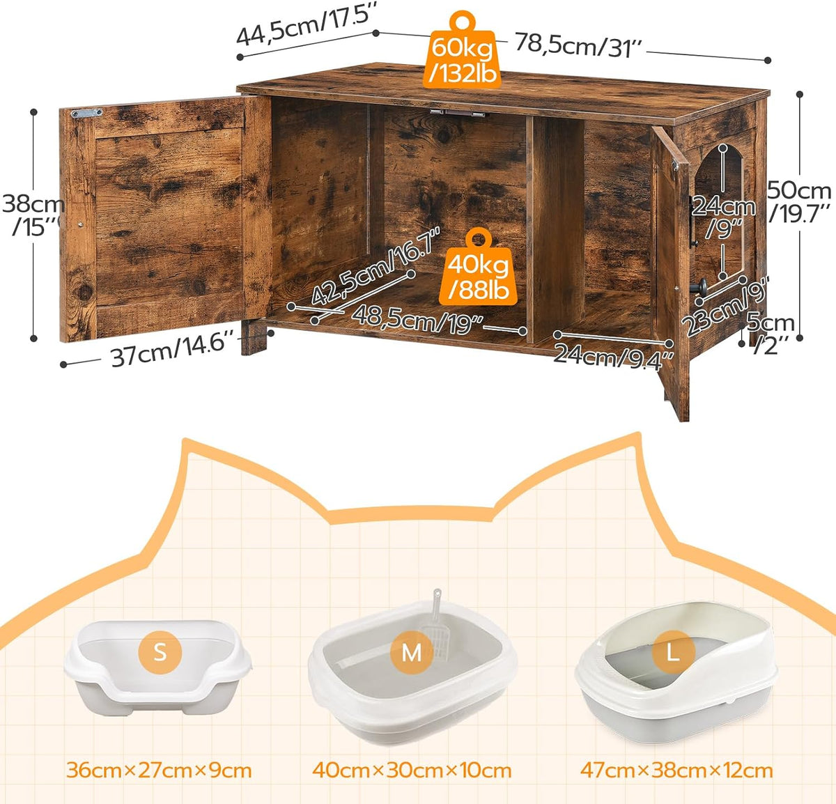 HOOBRO Litter Box Enclosure - Rustic Brown / 31" L x 17.5" W x 19.7" H - image 4