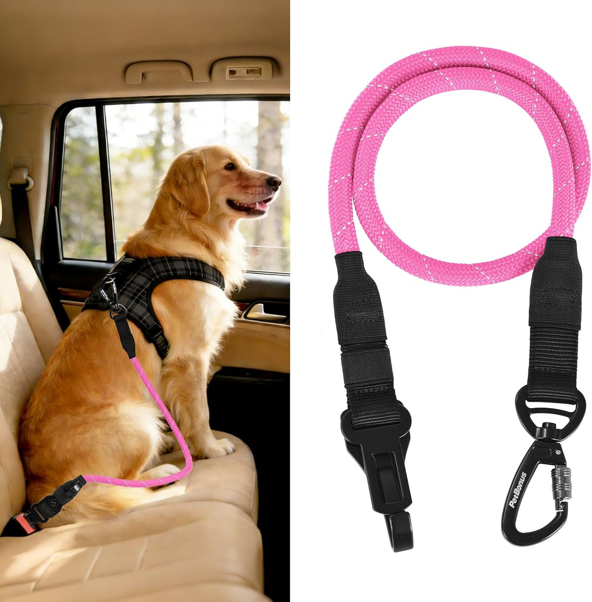 Dog Seat Belt for Car, Durable Rope Dog Car Harness for Vehicle – Essentials for Dogs - Pink / 1 Pack