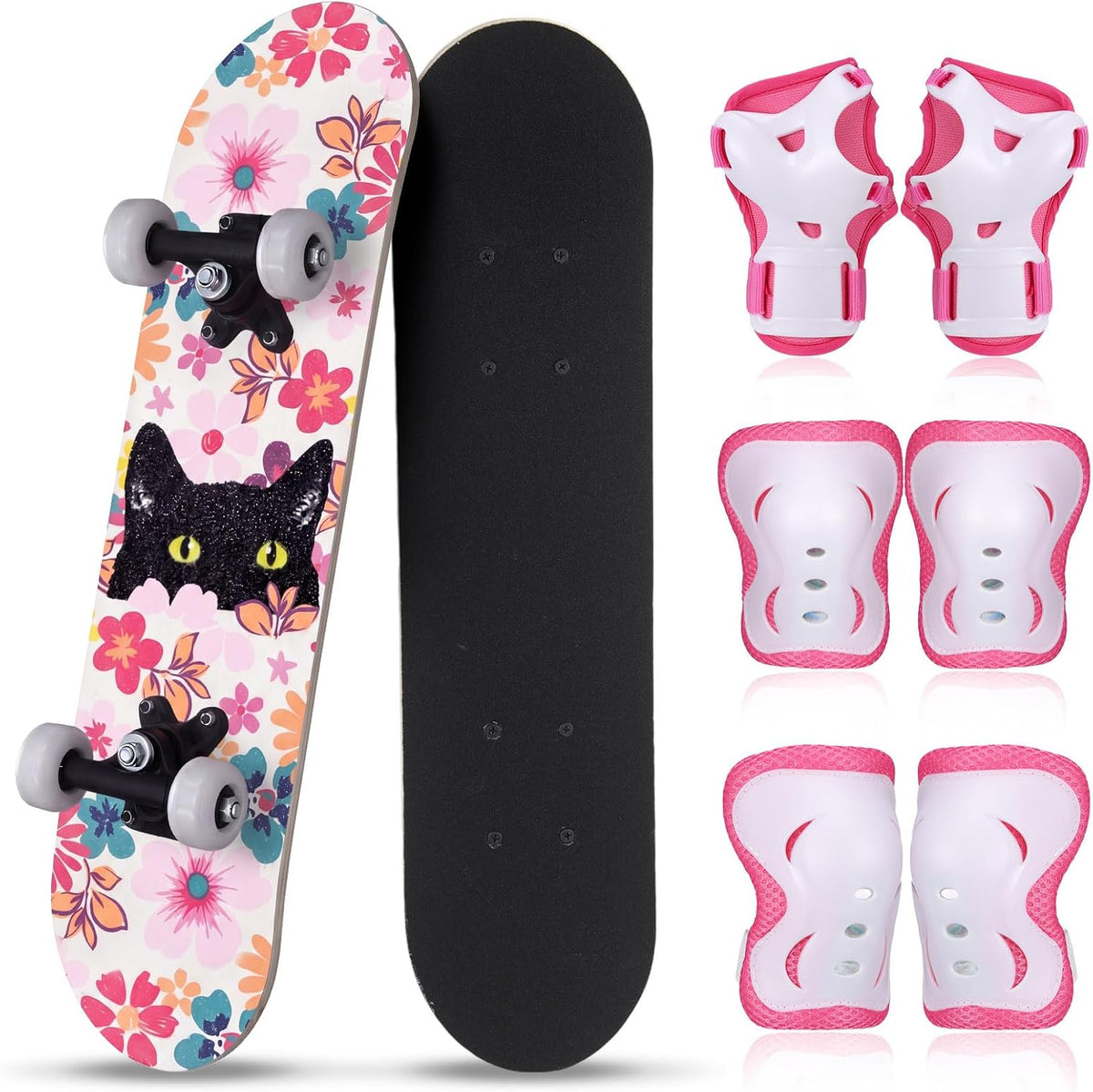 Honoson kids skateboard set with dinosaur print maple deck and black knee pads, elbow pads and wrist - view 8