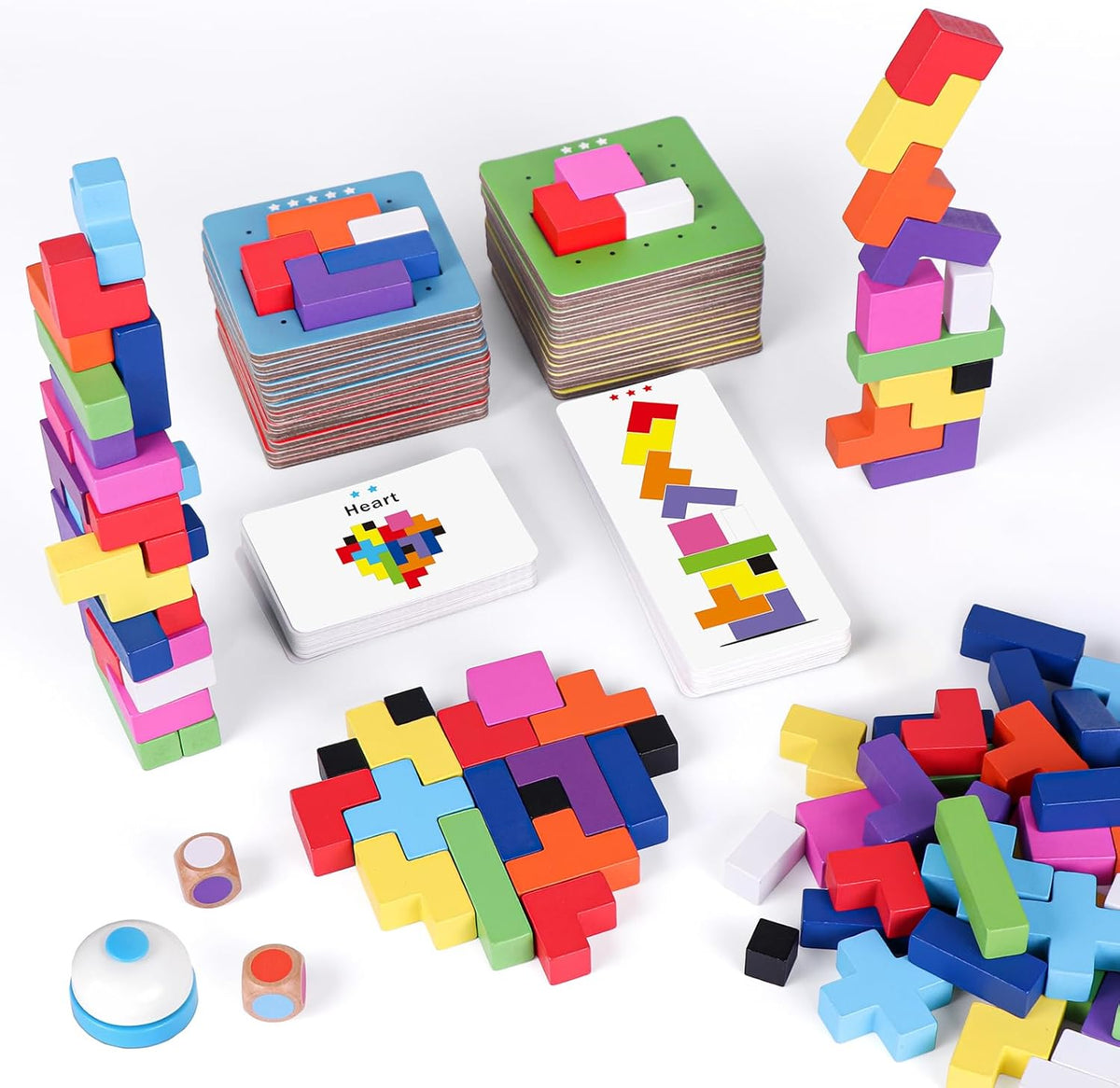 QianShouYan wooden block stacking game with 120 colorful blocks, pattern cards and storage bag - view 2