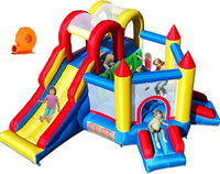 Umbalir bounce house with 3 slides and a double climbing wall, inflated in a backyard
