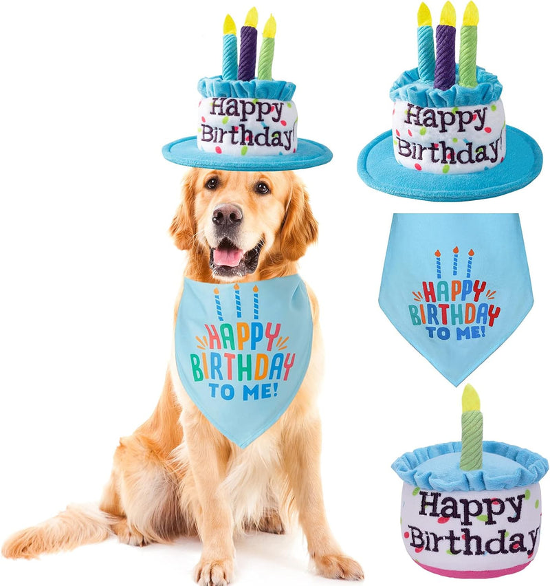 Large Dog Birthday Cake Hat & Bandana Set - Blue Hat & Bandana & Cake Toy
