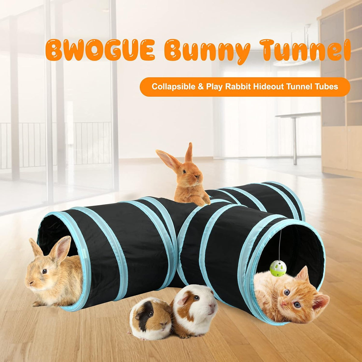Bunny Tunnels & Tubes, 3-Way Collapsible Rabbit Hideout for Bunnies – Essentials for Small Pets - Grey - image 2