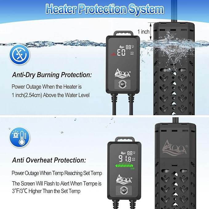 AQQA Aquarium Heater 500W for 55-130 Gallon Fish Tank Heater Quartz Glass Submersible Betta Fish Heater for Aquarium Thermostat Heater with External Digital Controller (AQ136-500W for 55-130Gal)
