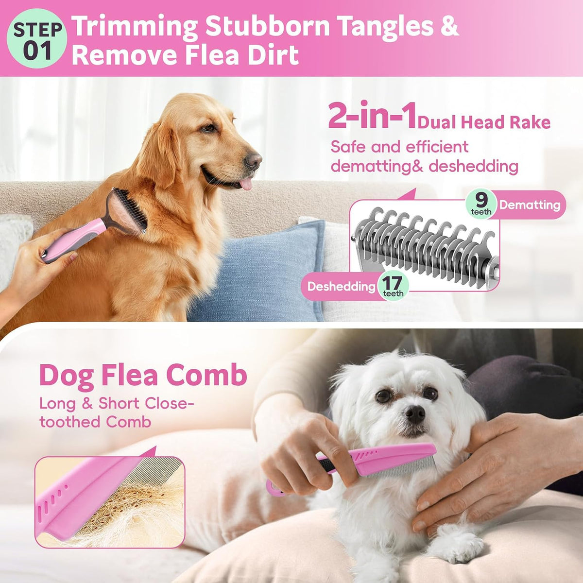 Dog Brush for Shedding 13pcs Bath Grooming Kit with Pet Nail Clipper - Pink 10pcs - image 3