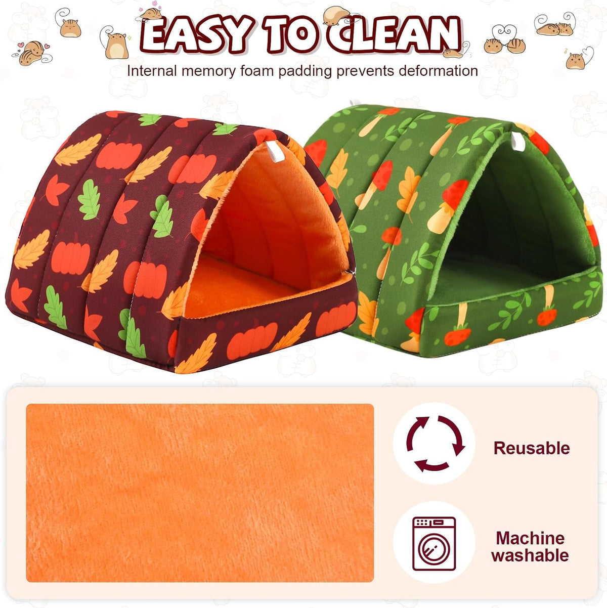 UPINS 2 Pack Guinea Pig Hideout, Washable Small Animal House Bed – Daily Care for Small Pets - 7.9 x 6.8 inch / Orange Green Leaf - image 4
