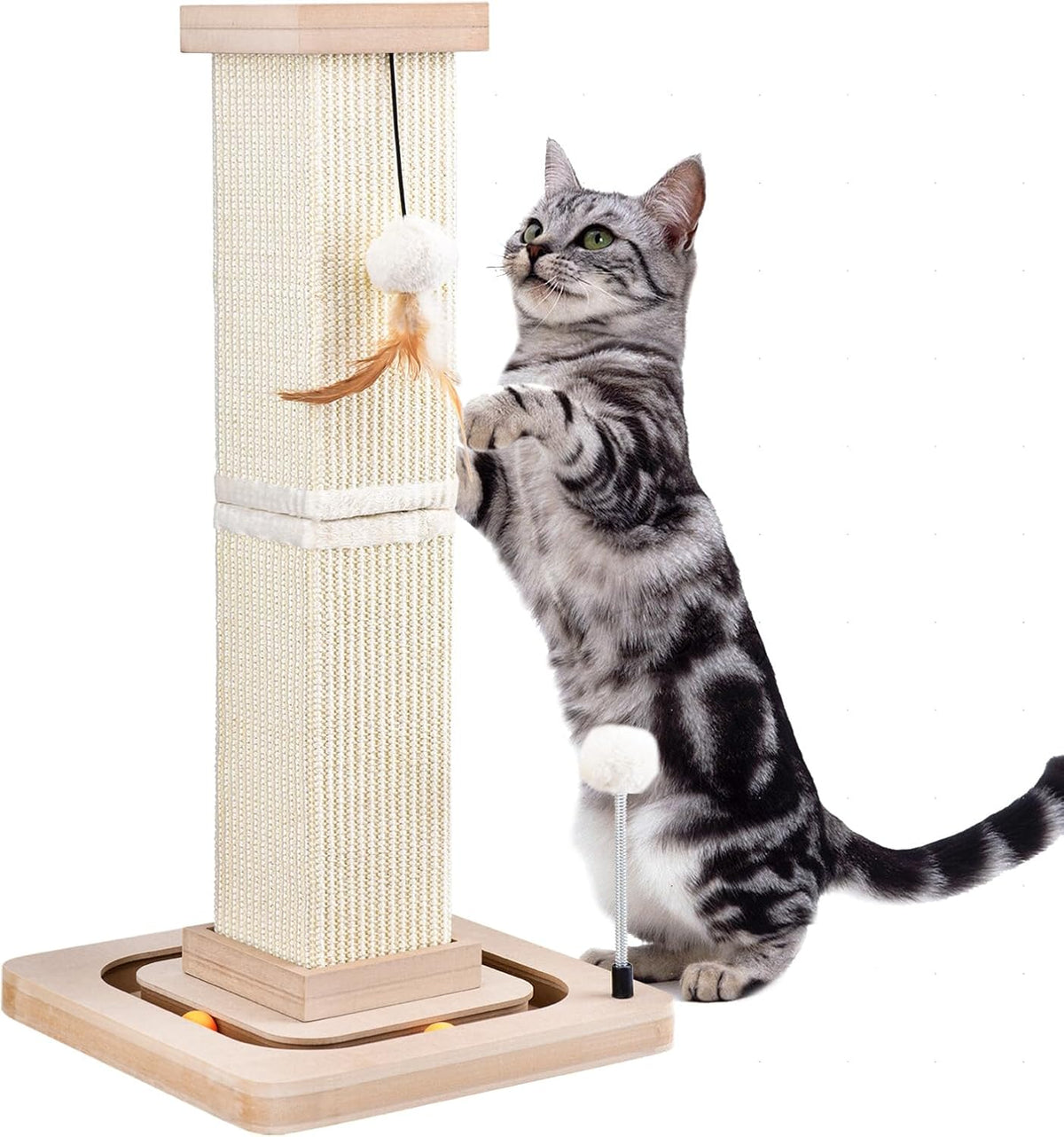 27" Cat Scratching Post, Sisal Cat Scratcher with Interactive Track Balls and Hanging Balls