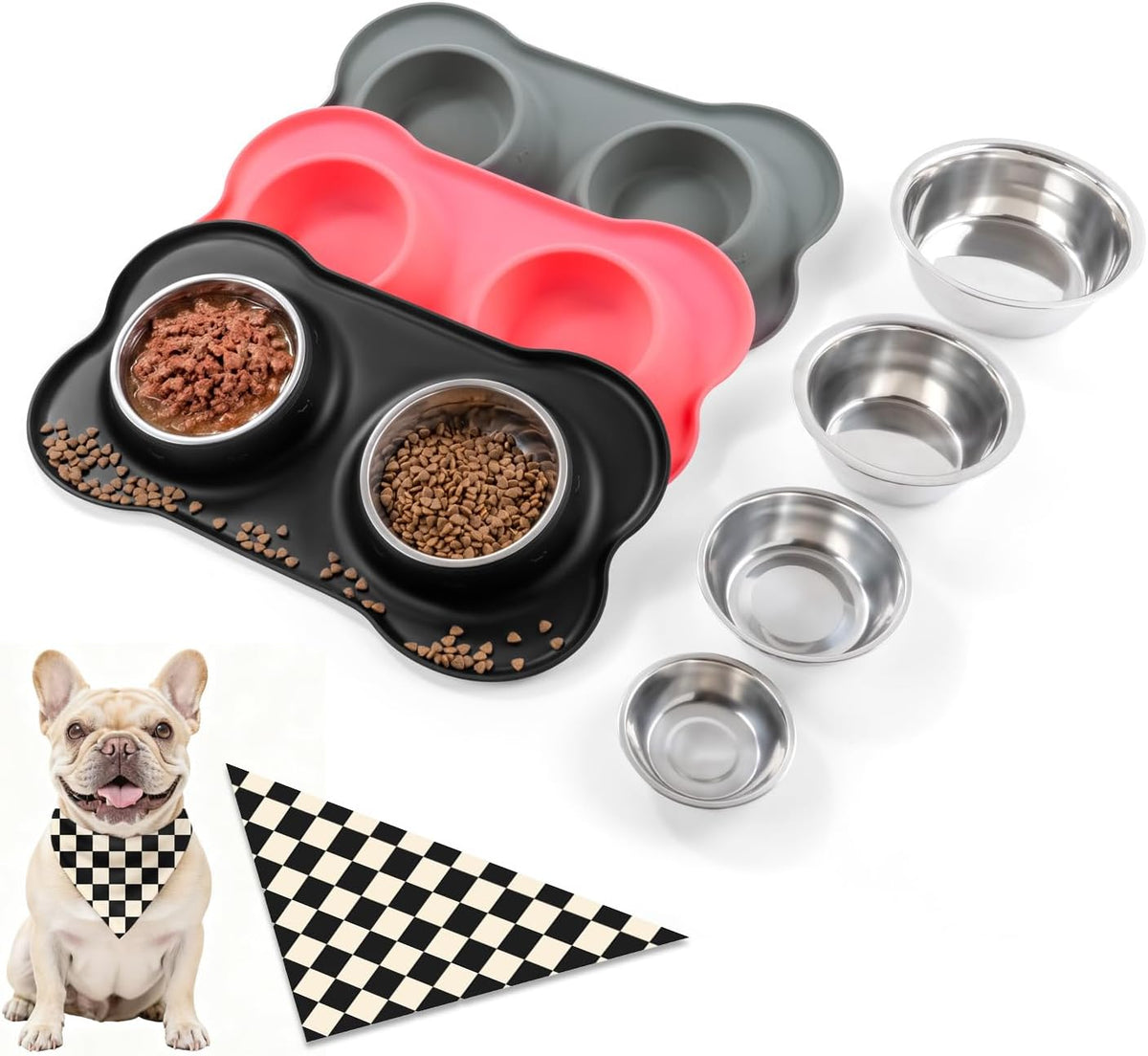 Conlun Dog Bowls with Silicone Mat, No Spill Stainless Set, XS - Extra Small-5 oz / Black
