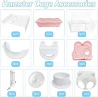 PINVNBY Dwarf Hamster Cage, Small Animal Cages, 2-Tier Travel Portable Mouse Cage Hamster Carrier with Castle House Running Exercise Wheels, Water Bottle and Food Dis（Pink）