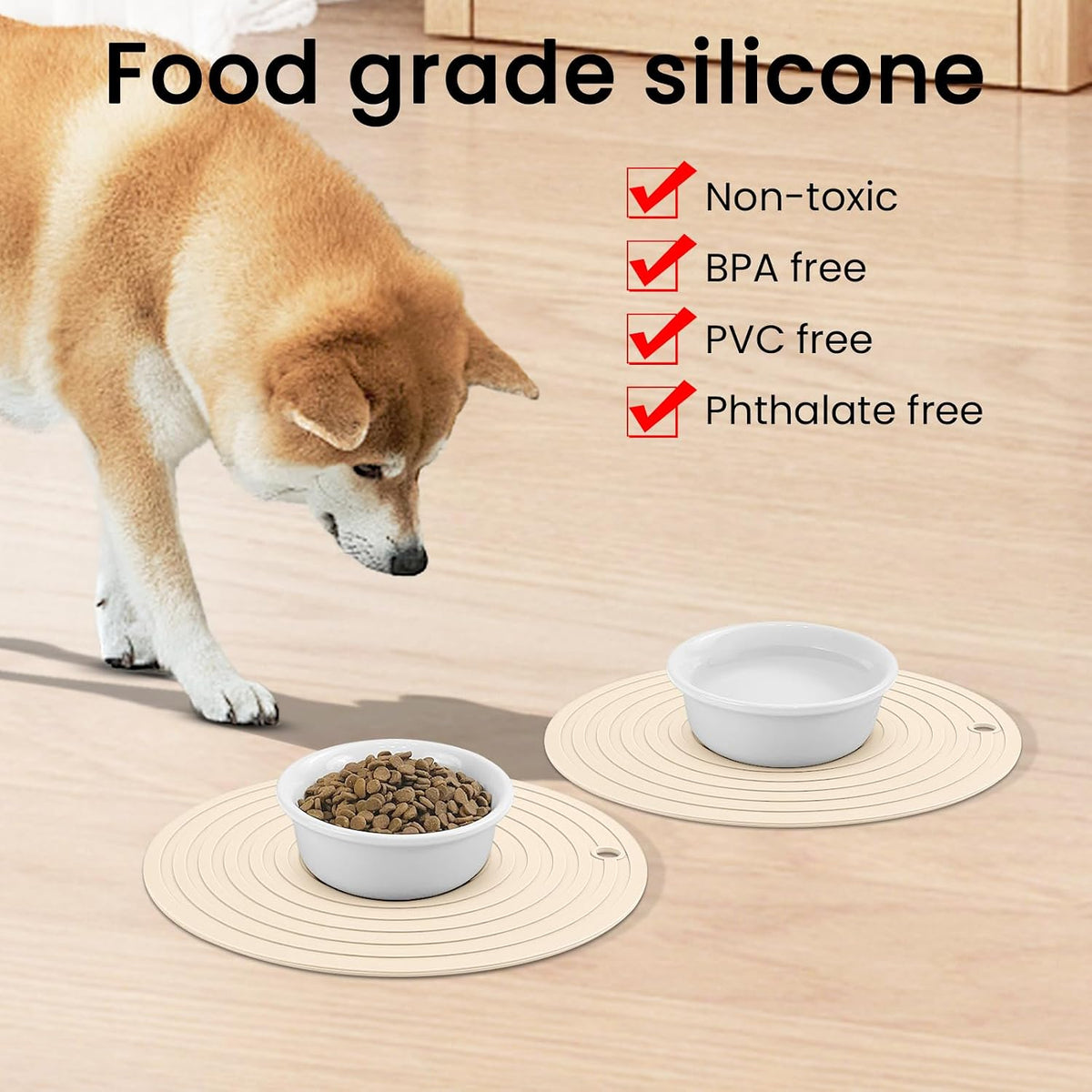 Pet Food Mat for Dog and Cat Placemat 2 Pcs - 9.5"L x 9.5"W / Beige - image 3