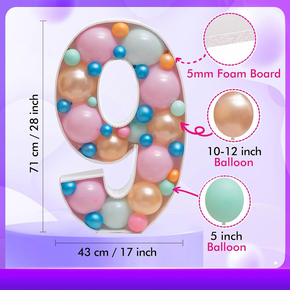 28 inch DIY Mosaic Balloon Number 1 Frame, Party Backdrop Decor – Fun for Kids & Family - Number 9 - image 4