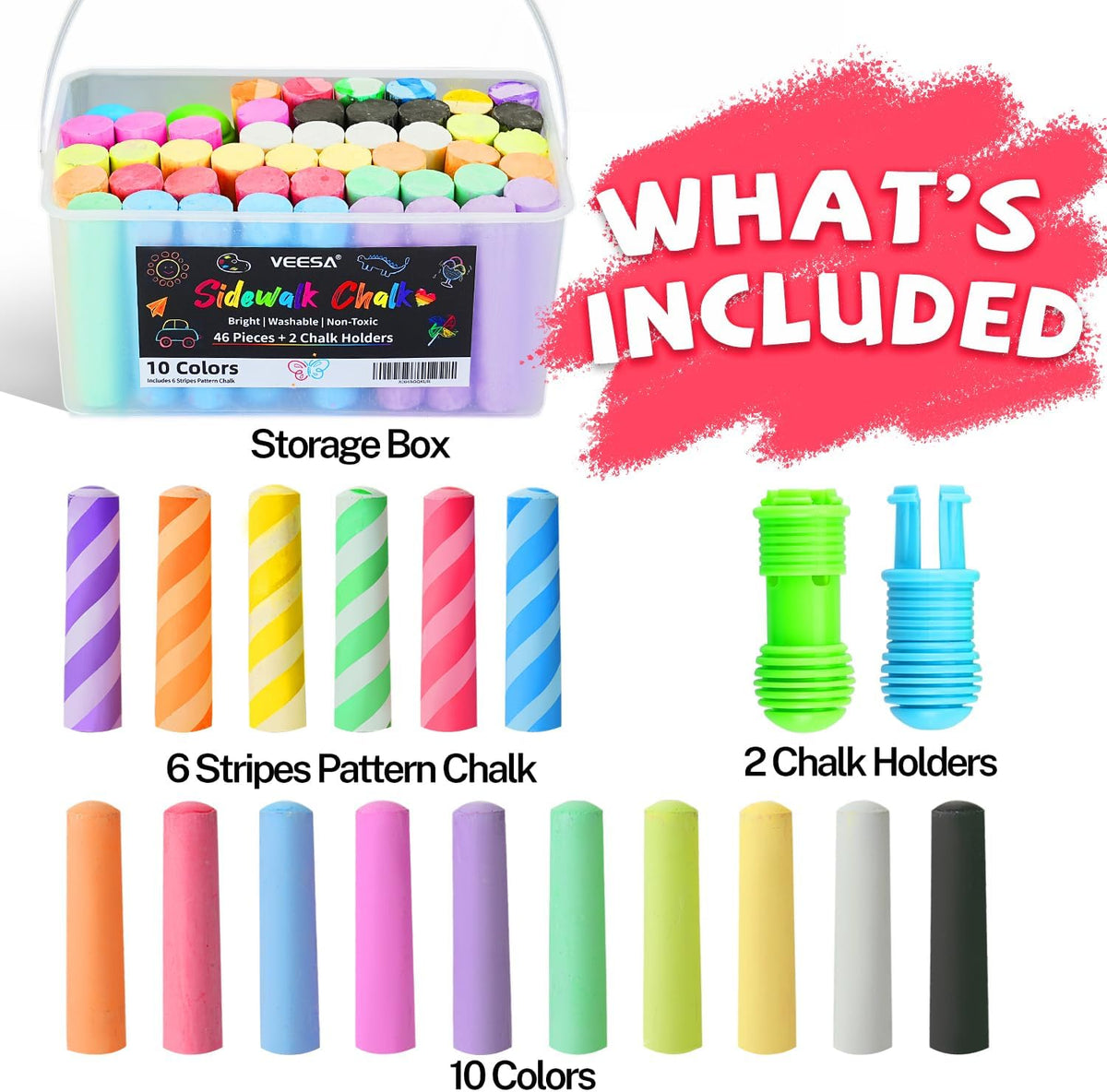 VEESA Washable Sidewalk Chalk for Kids, 10 Bright Colors - 1 Count (Pack of 48) - image 2