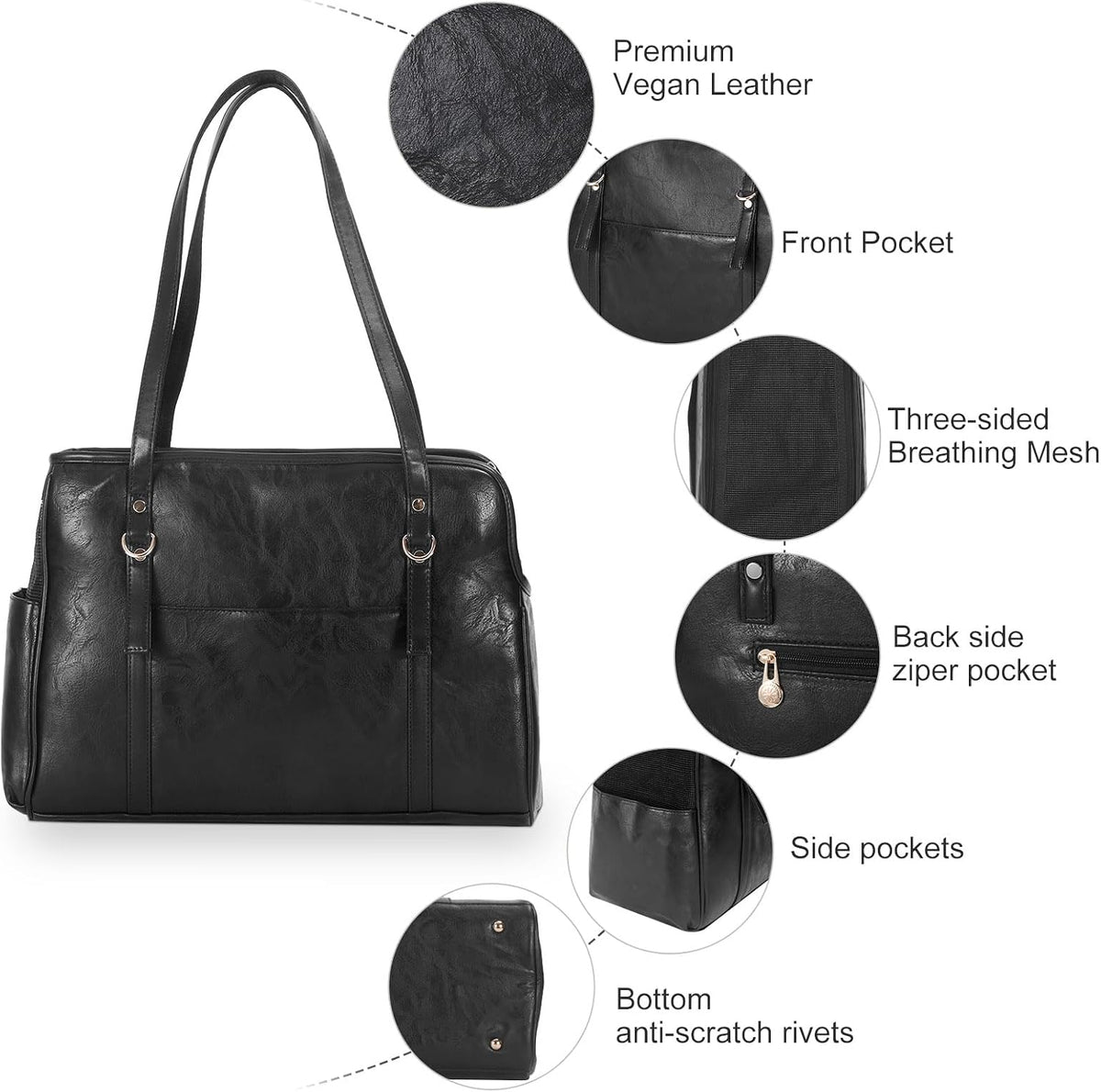 Dog Carrier Purse, Fashion Leather Pet Carrier with Pockets - Black - image 4