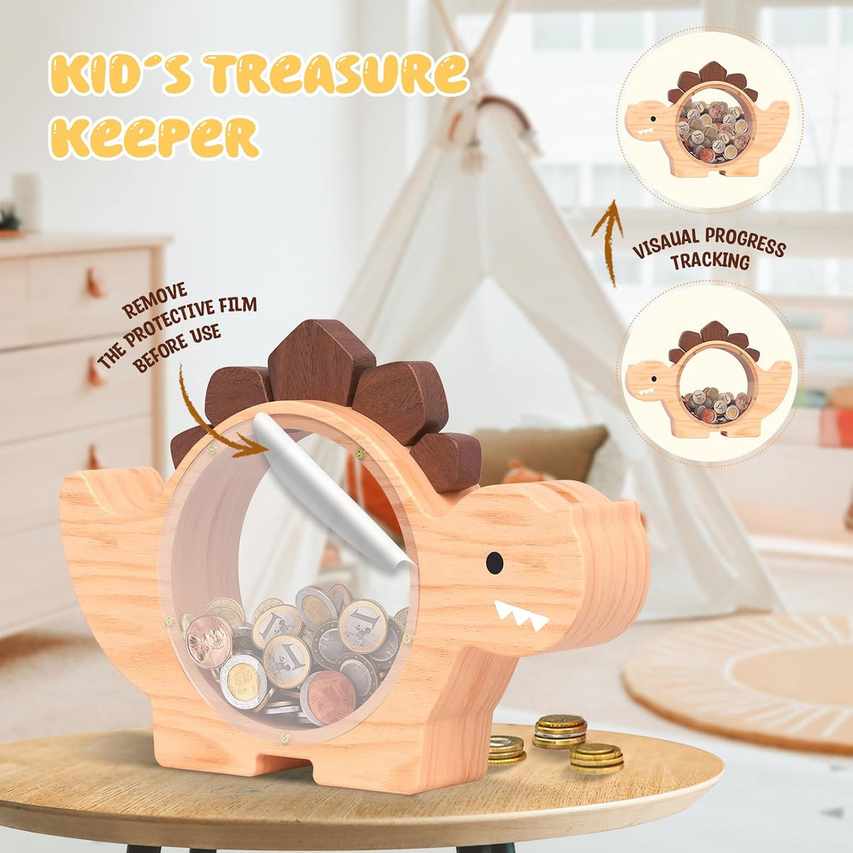Summidate Wooden Dinosaur Piggy Bank - Natrul Wood / Standard - image 4