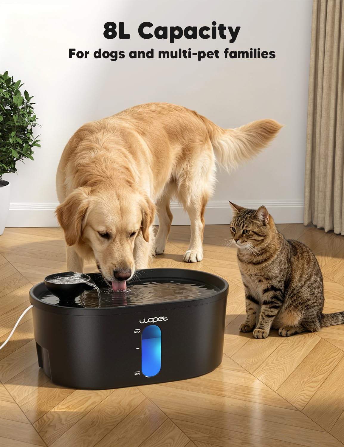 WOPET 8L 2.1 gallon dog water fountain with viewing window and blue LED pump light - view 2