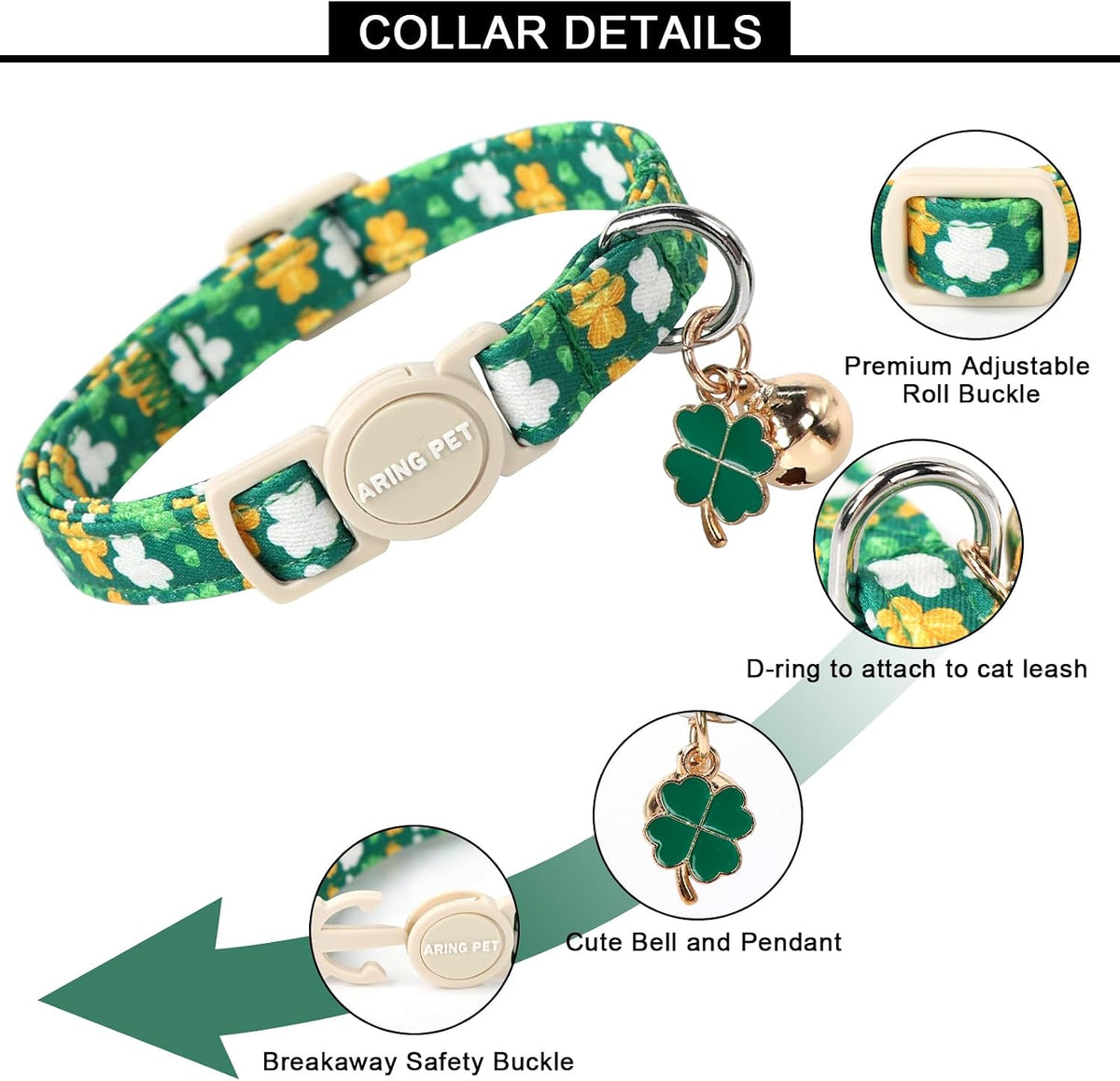 ARING PET 2 Pack Cat Collar-Cute Cotton Cat Collar Breakaway - St Patrick-Green Beer & Clover - image 3