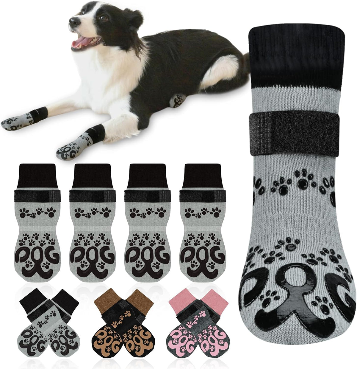 ROUWINNE anti-slip dog socks for hardwood floors in light grey and black, set of 4