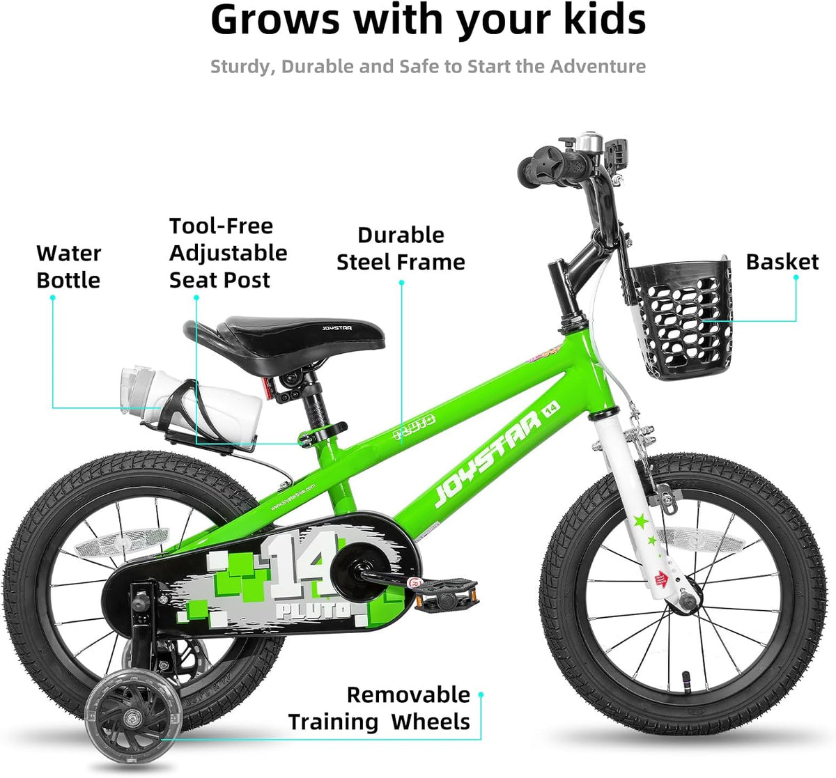 JOYSTAR Pluto 12-20" Kids Bike with Light Up Training Wheels – Fun for Kids & Family - Green / 14 Inch with Flash Training Wheels - image 2