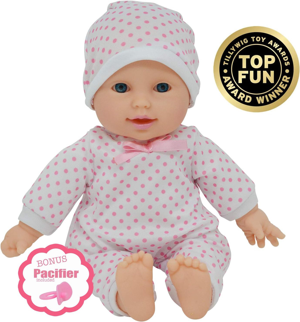New York Doll Collection 11 inch soft body baby doll in polka dot onesie with pacifier and blanket - view 36