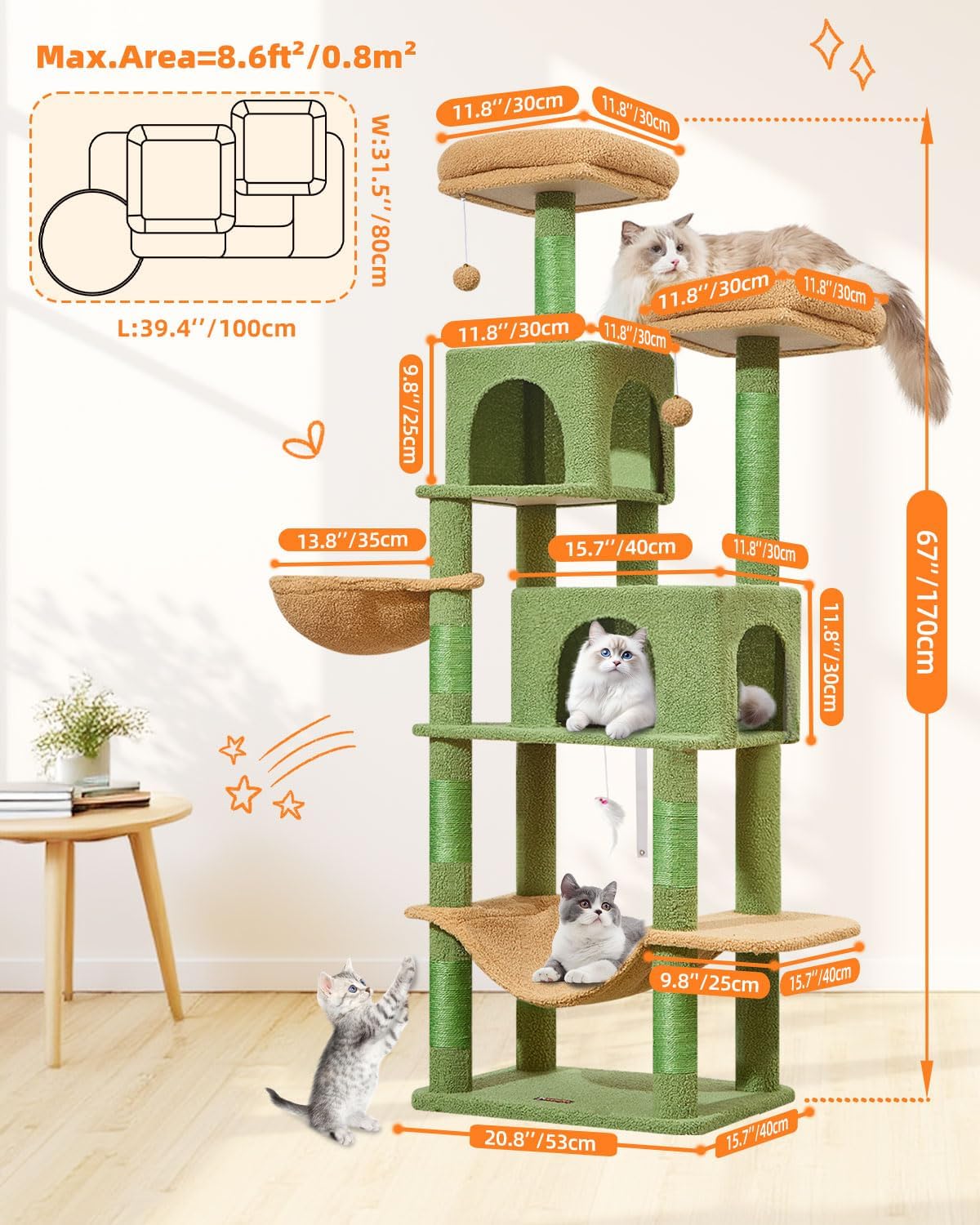 Taoqimiao Cat Tree, 67 in Tall Cat Tower with 2 Plush Cat Condos – Essentials for Cats - 67 inches / Cactus - image 2