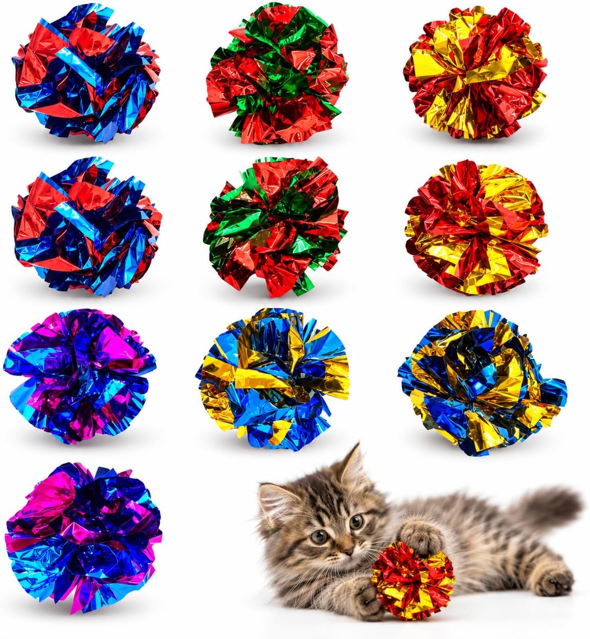 Cat Crinkle Ball Toys, Interactive Cat Toys for Swatting - 10 Packs