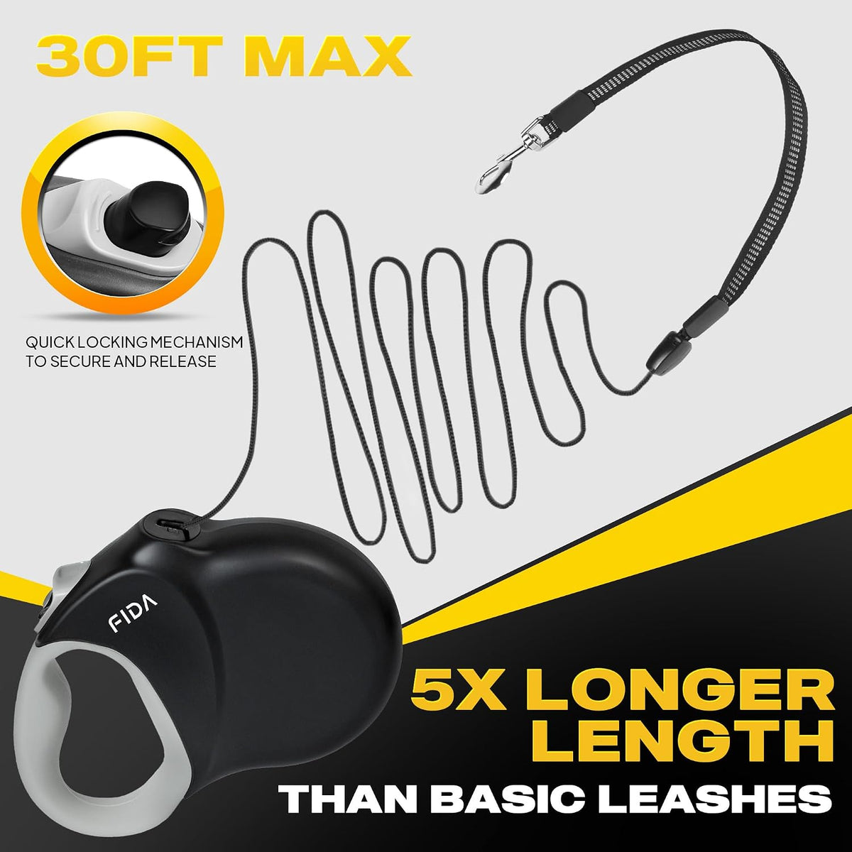 Fida Upgraded Retractable Dog Leash, Heavy Duty - Large（30ft） / Black - image 2