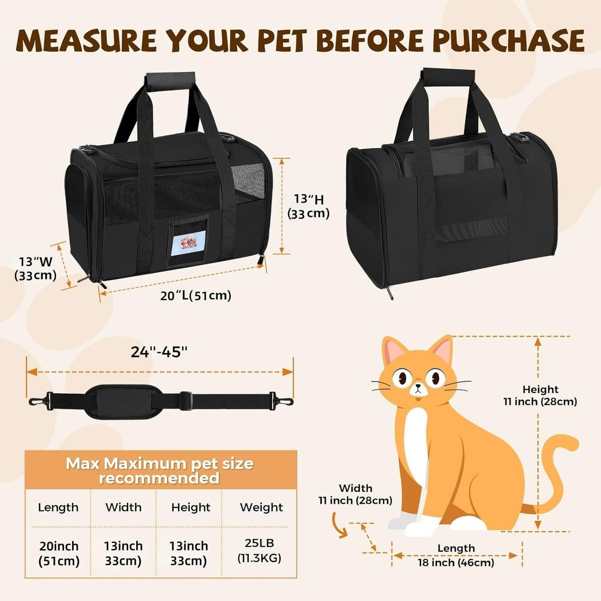 Soft Cat Carrier, Small Dog Bag Soft-Sided Cat Carriers - Black / 13.0"L x 13.0"W x 20.0"H - image 3