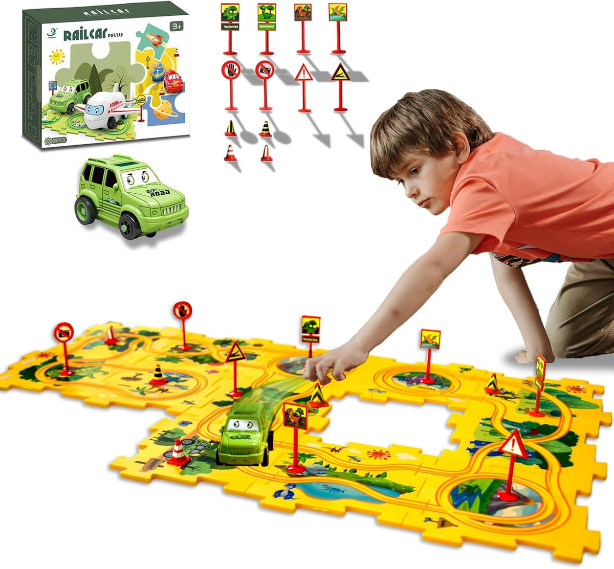 Ubegger puzzle car track set with puzzle road pieces, road signs and battery cars - view 5