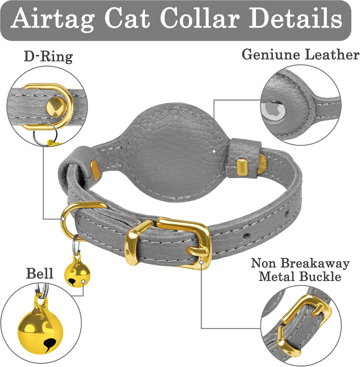 OOPSDOGGY Leather AirTag Cat Collar with Bell - Gray - image 3