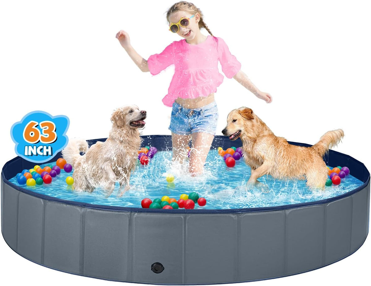 Jecoo Dog Pool for Large Dogs Kiddie Pool Hard Plastic Foldable Dog - Gray / XL-63" x 12"