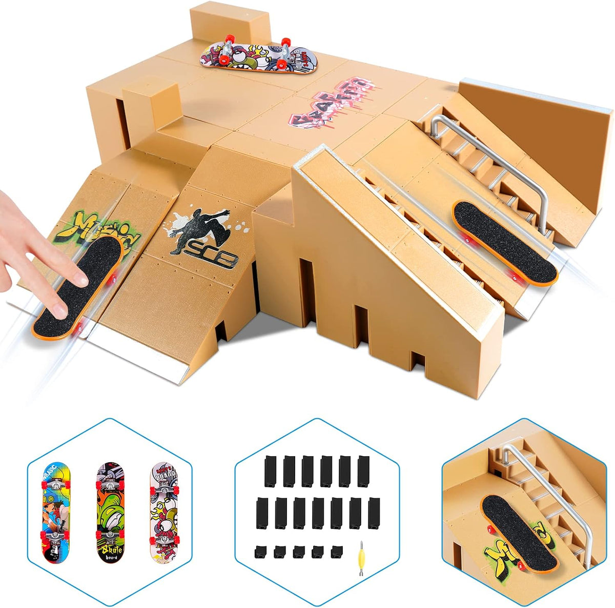 Fingerboard Skate Park Kit with 3 Finger Skateboards & 8 Skatepark
