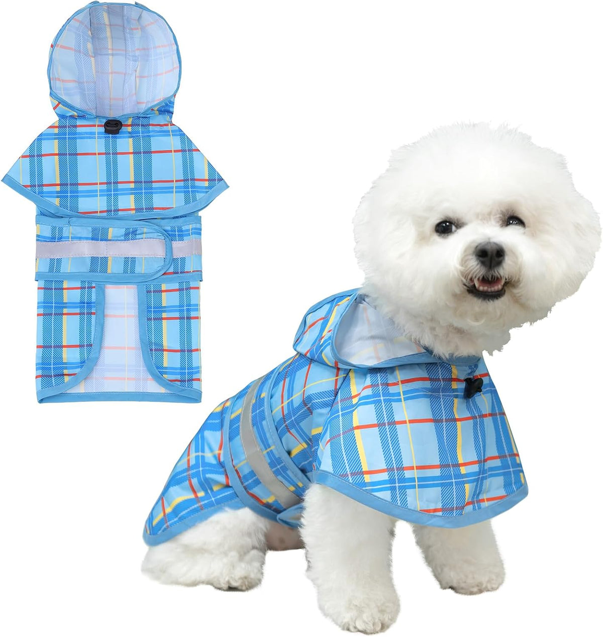 Dog Raincoat Hooded Slicker Poncho with Leash Hole - S:10-15lbs / Plaid Blue