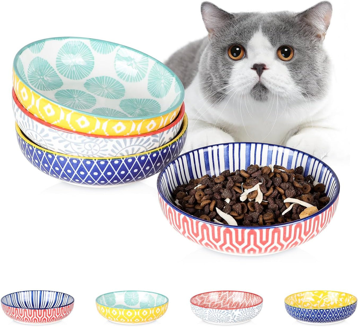 Selamica Ceramic Cat Bowls Set of 6 - 5.6 Inch, Set of 4 / Assorted Colors