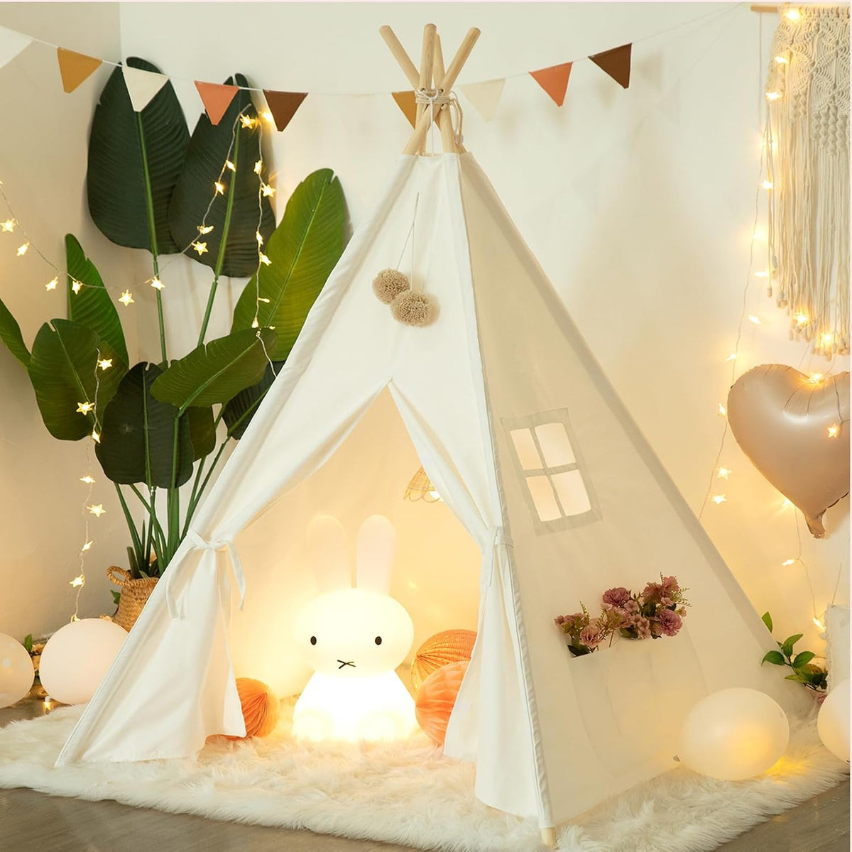 RongFa white canvas teepee tent for kids with wooden poles, flap door and mesh window - view 3
