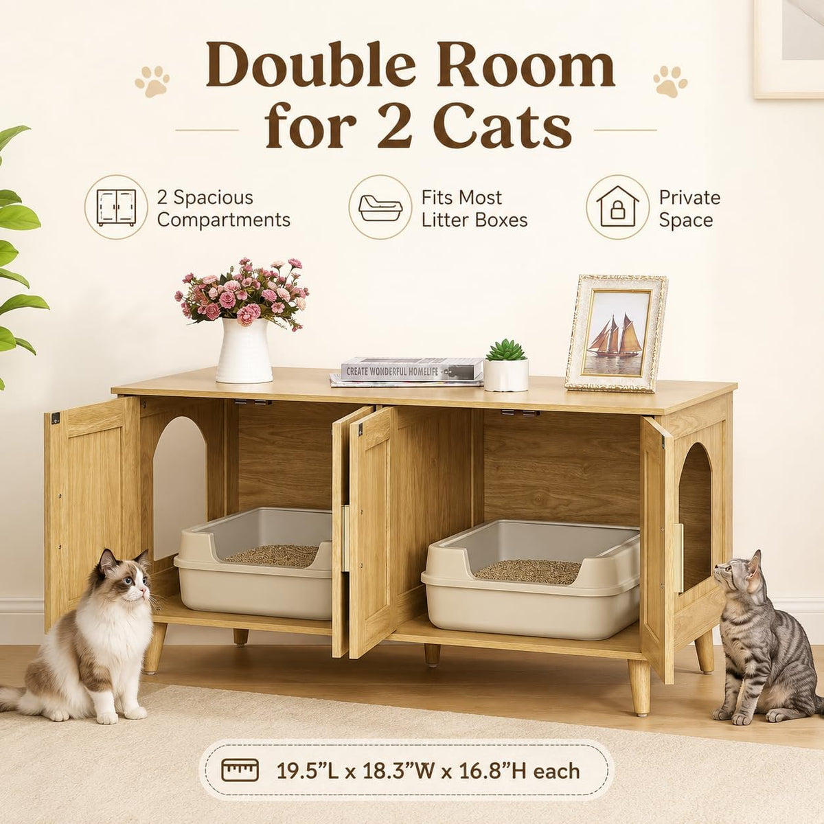 Boho Cat Litter Box Enclosure for 2 Cats, Green and Natural – Essentials for Cats - Natural - image 3