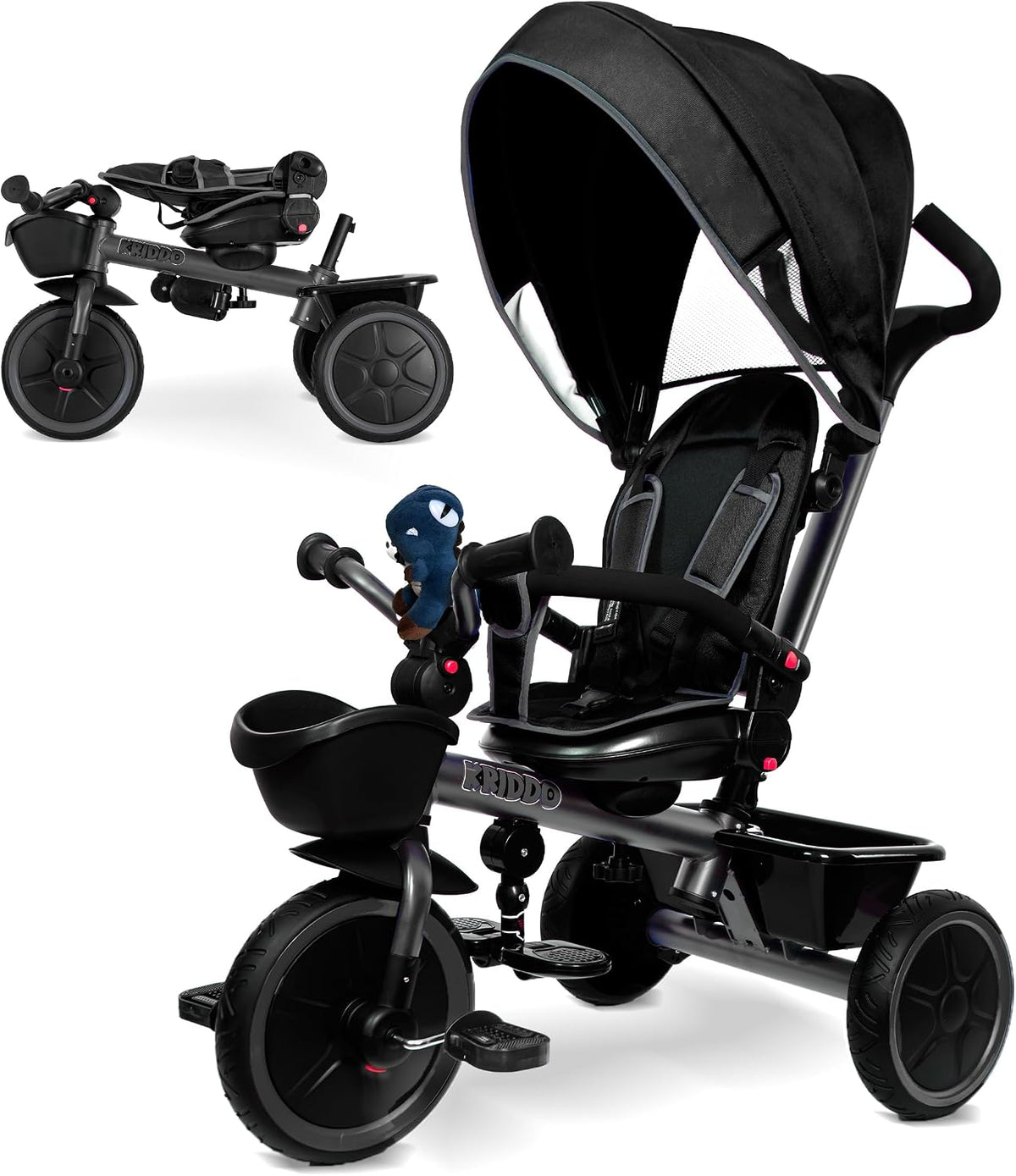 KRIDDO 7-in-1 toddler push tricycle with parent steering handle and canopy - view 2