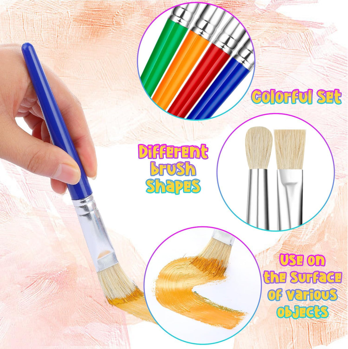 YGAOHF 16 pack of kids paint brushes with bright plastic handles, eight round and eight flat - view 3