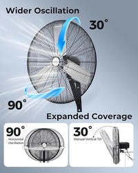 30 inch Wall Mount Fan Oscillating, 3-Speed 8850 CFM High Velocity Industrial Wall Mounted Fan, Heavy Duty Air Circulator for Garage, Shop, Gym, Workshop, Covered Patio - UL Listed