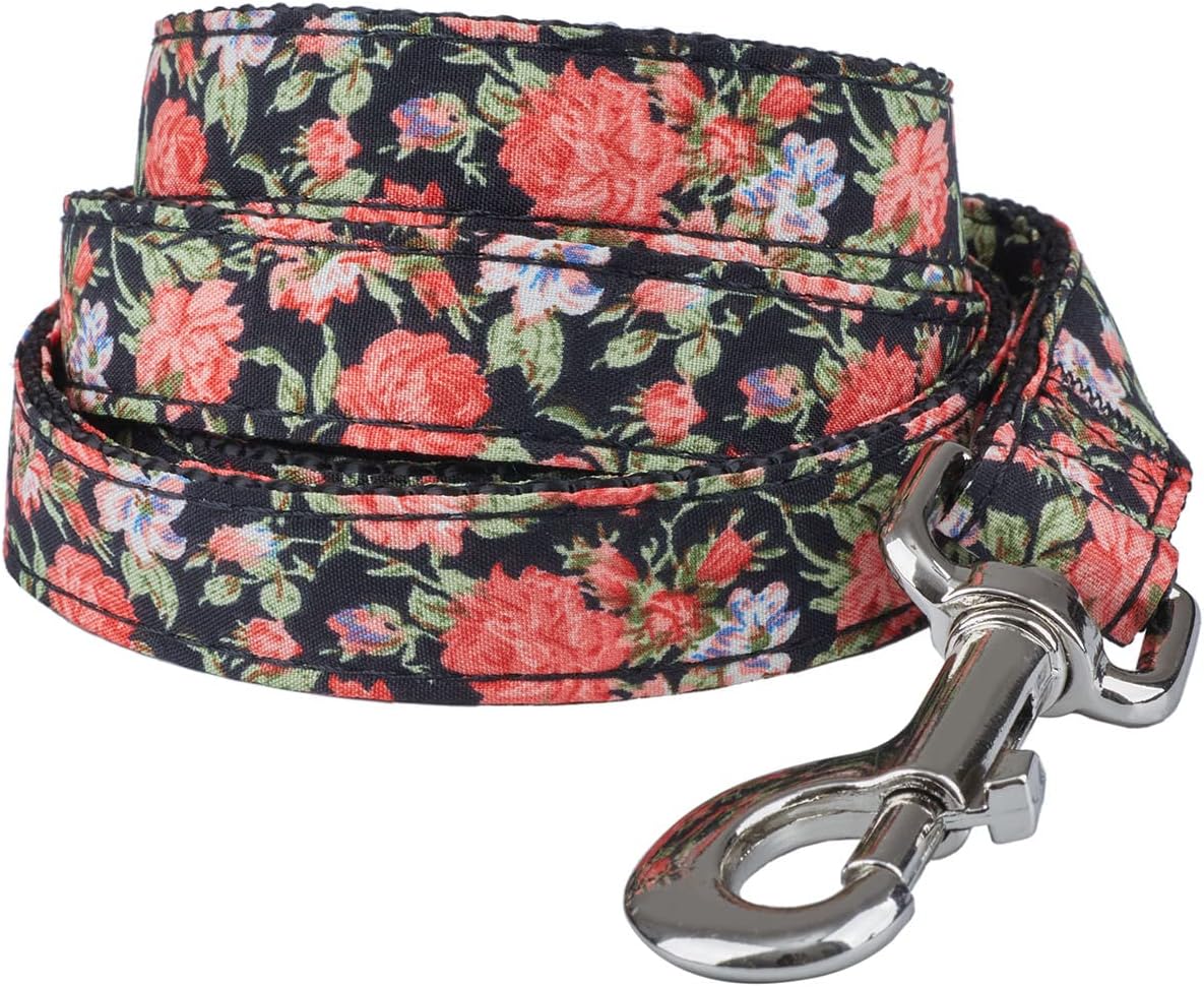 Soft Corduroy Fibric Dog Leash, for Medium Large Dogs. - Black Floral / Medium