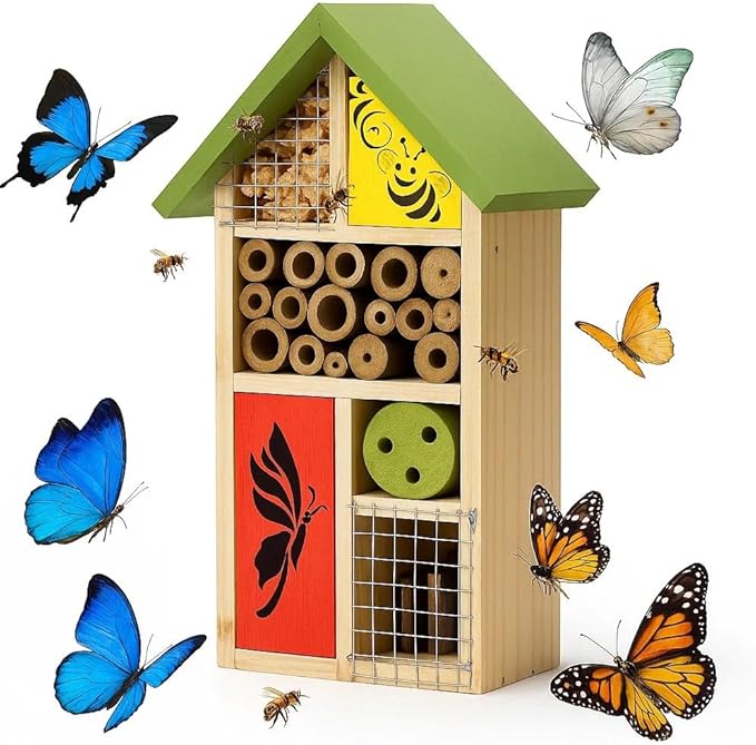Premium Bug Hotel Kit Cedar Wood Insect Hotel Insect House - Backyard Bee House, Nesting Habitat Shelters, Garden Shelter for Bees, Butterflies, Bugs,Heavy Duty Thickness Colorful