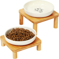 Raised Cat Bowl, Elevated Cat Bowls with Bamboo Stand, Set of 2 – Essentials for Cats - Square Stand with Ceramic Bowls