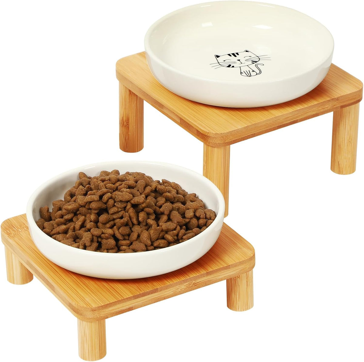 Raised Cat Bowl, Elevated Cat Bowls with Bamboo Stand, Set of 2 – Essentials for Cats - Square Stand with Ceramic Bowls