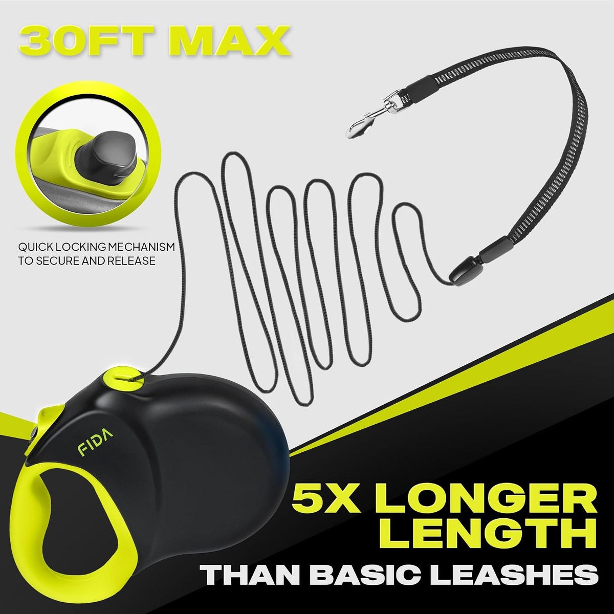 Fida Upgraded Retractable Dog Leash, Heavy Duty - Large（30ft） / Neon Yellow - image 2