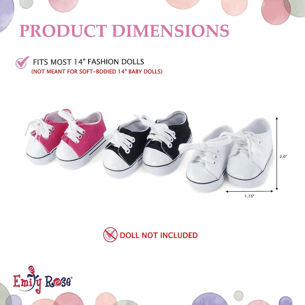 Emily Rose 14 inch doll shoes, three canvas sneakers in pink, white and black - view 4
