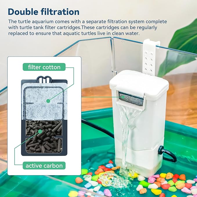 Aquatic Turtle Tank Habitat Kit Stone+Filter+Heat Lamp Enhancing Interaction with 360° Viewing, Standalone Filtration, DIY Creative Zone, Enriched Living (Green, X-Large[with Light])