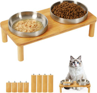 Raised Cat Bowl, Elevated Cat Bowls with Bamboo Stand, Set of 2 – Essentials for Cats - Rectangle Stand with Stainless Steel Bowls